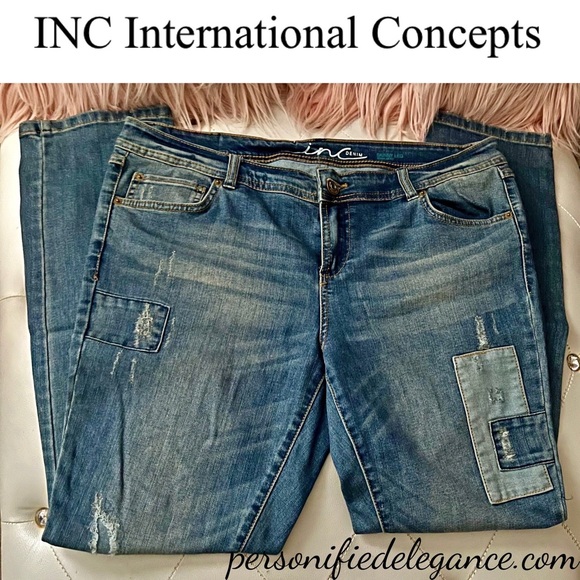 INC International Concepts Blue Medium Wash Patchwork Skinny Jeans Size 16 - Picture 1 of 8